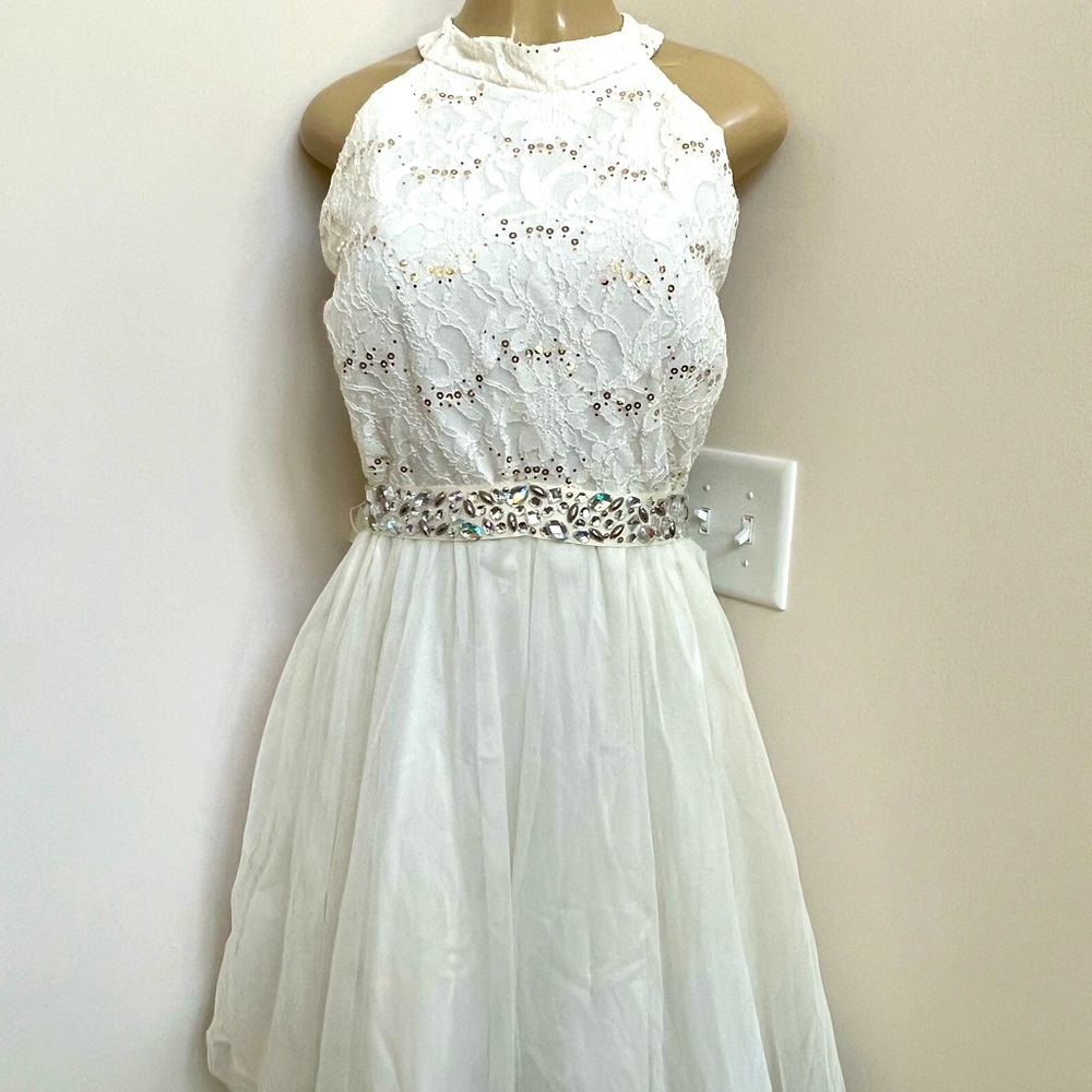 Juno ivory high neck lace and tulle dress